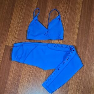 2 Pc Gigi C Halter Top Sports Bra & Leggings Set Laser Cut Royal Blue NWT Small